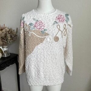 Gotham Floral Knit Sweater Womens Medium White Pink Vintage 80s Popcorn Applique